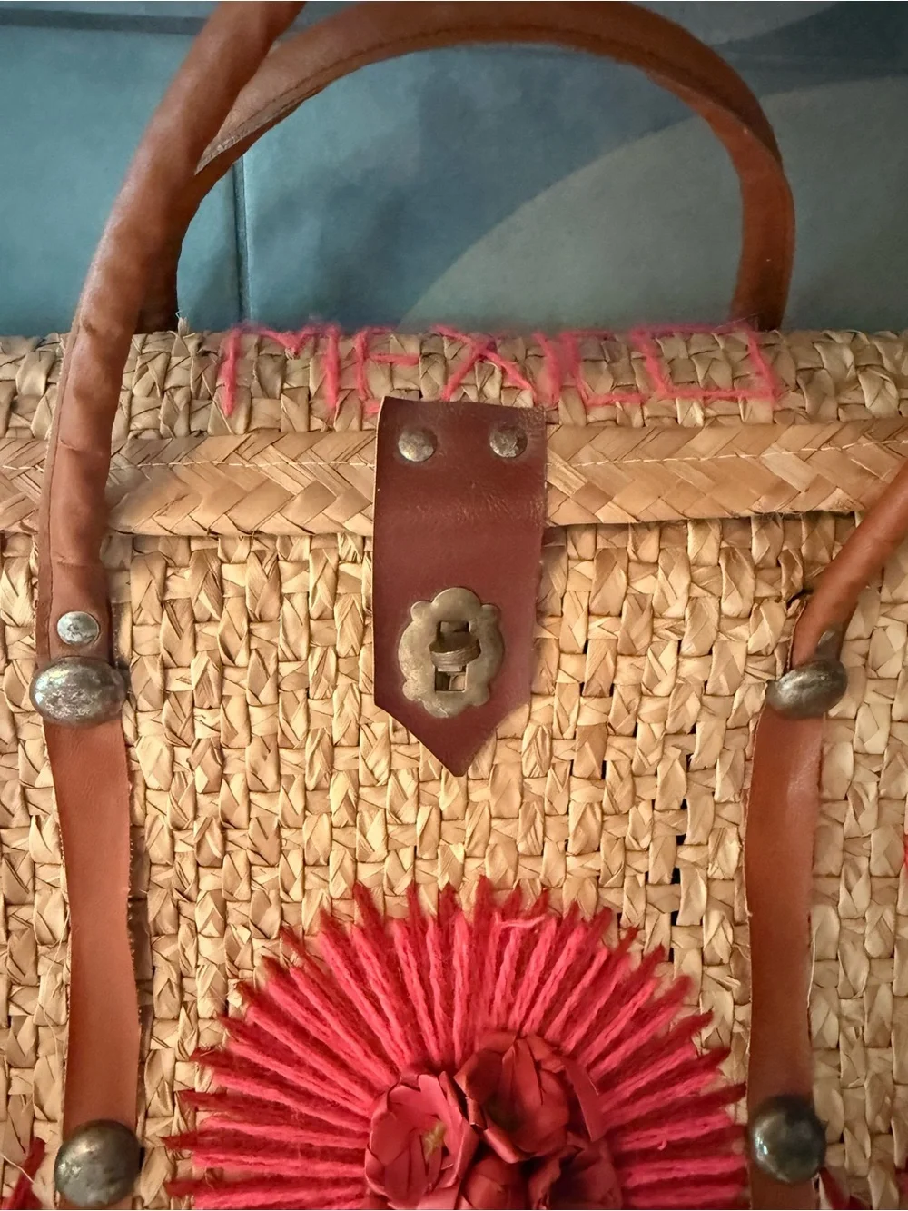 Vintage woven Straw Tote w pink Embroidered Floral Accents- MEXICO beach bag